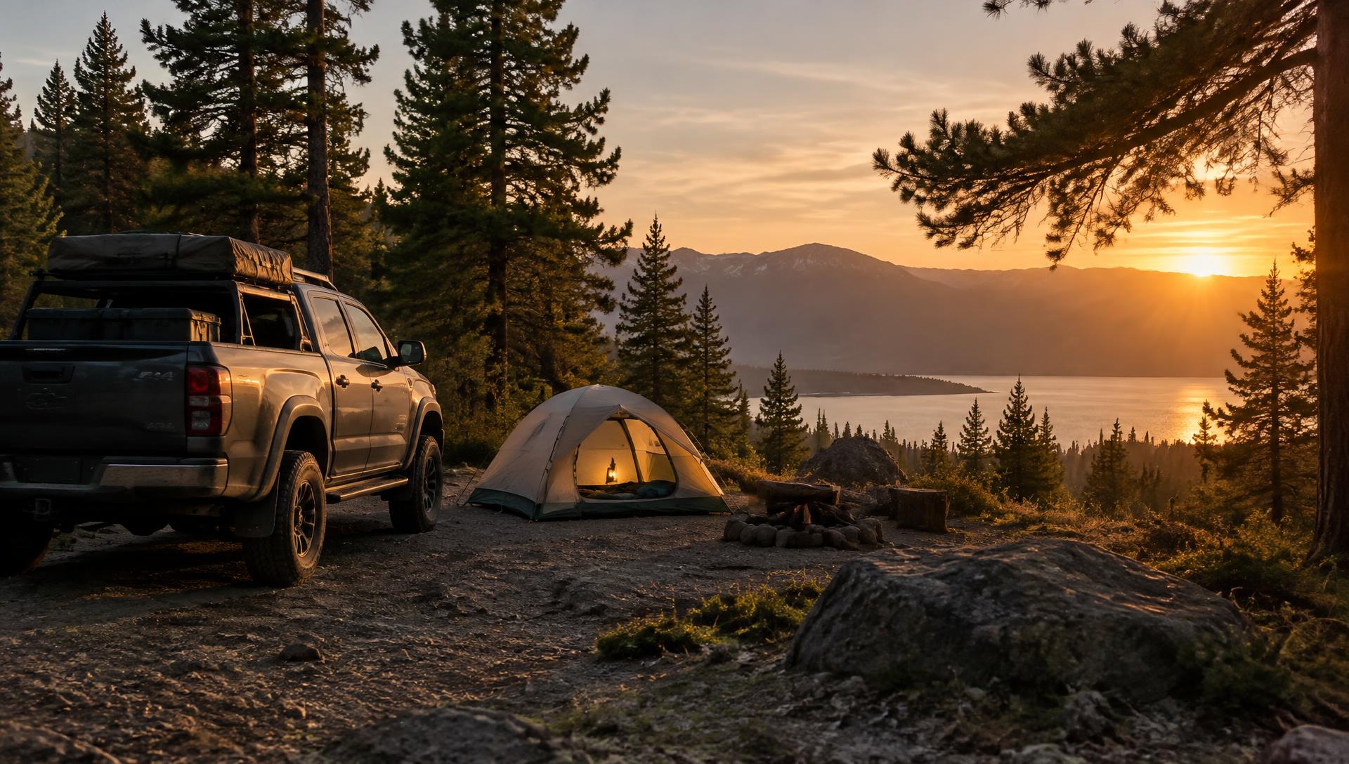 Truck and tent pitched by a lake at golden hour